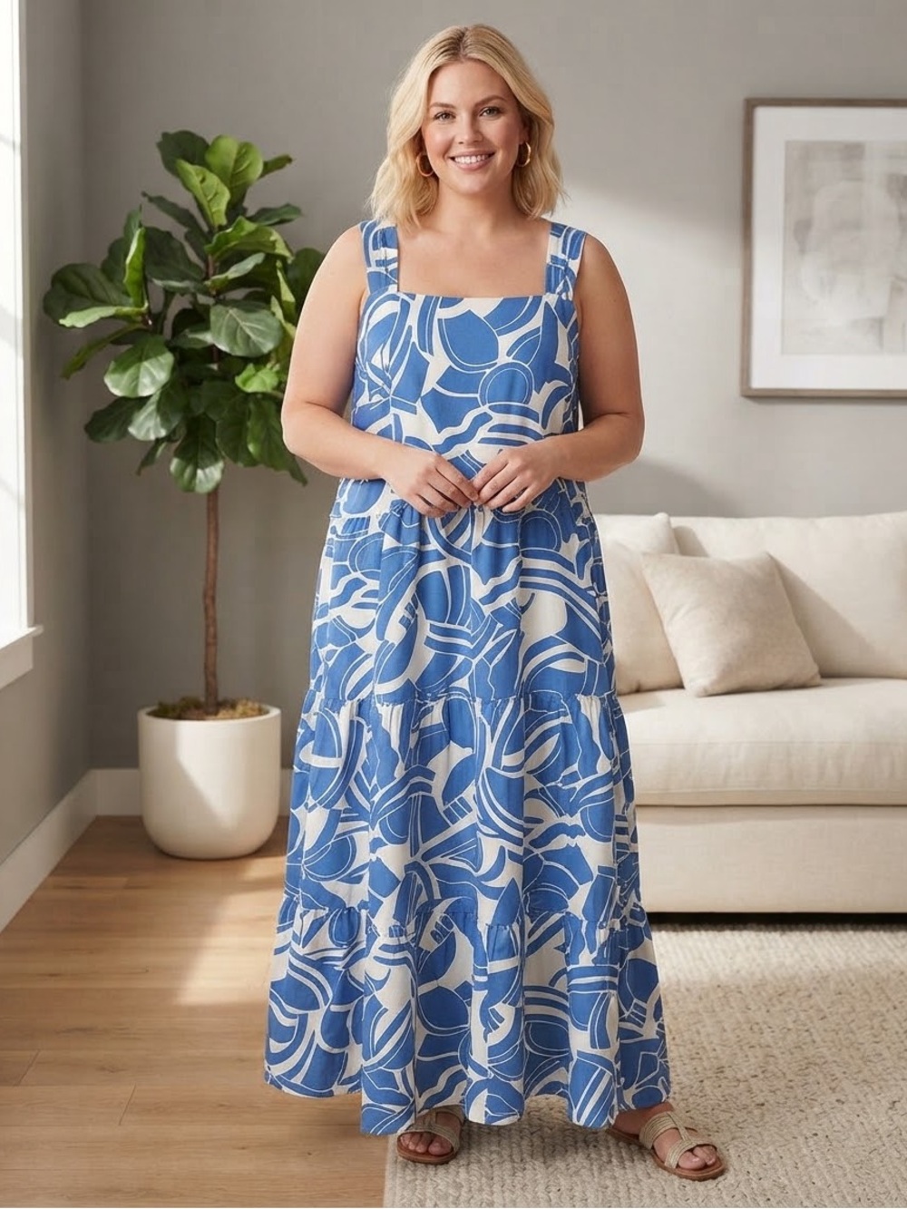 Alfred David Blue White Abstract Print Square Maxi Dress Sz 2X Pockets